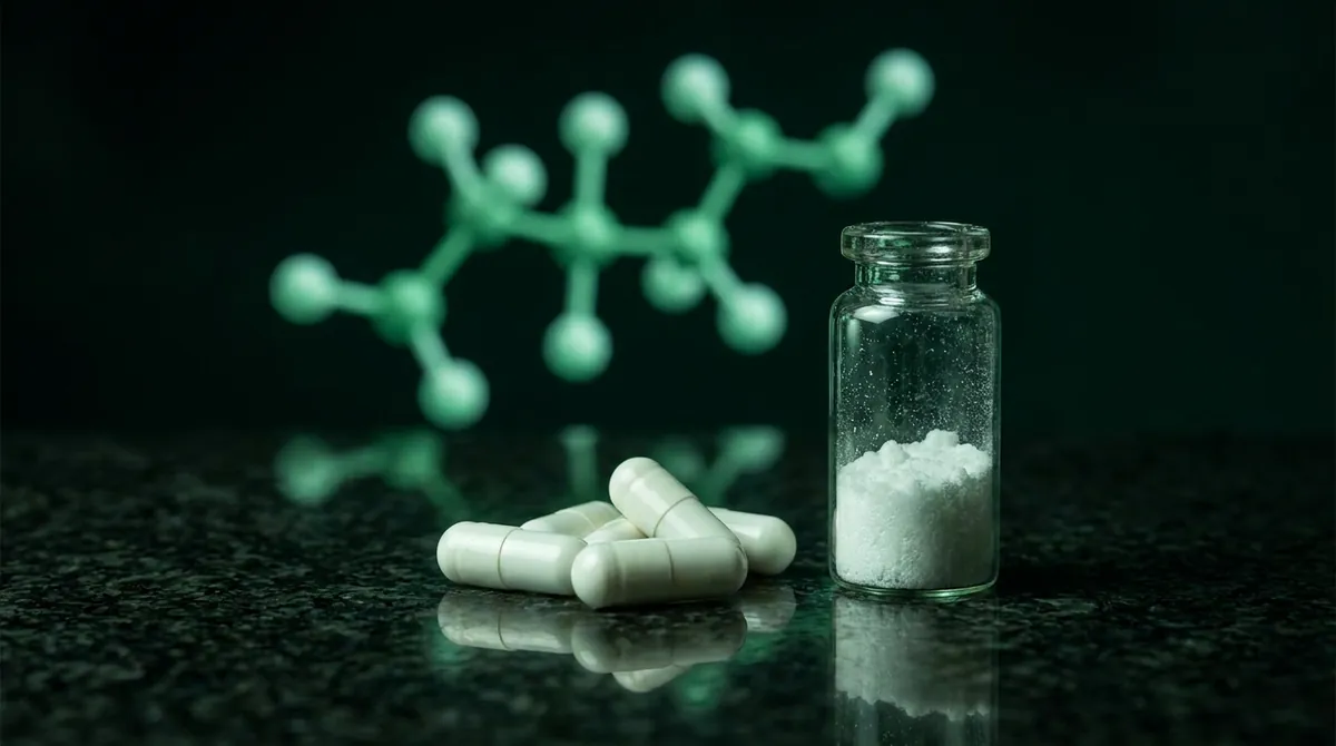 White 5-Amino-1MQ research capsules and vial with a glowing green molecular chain