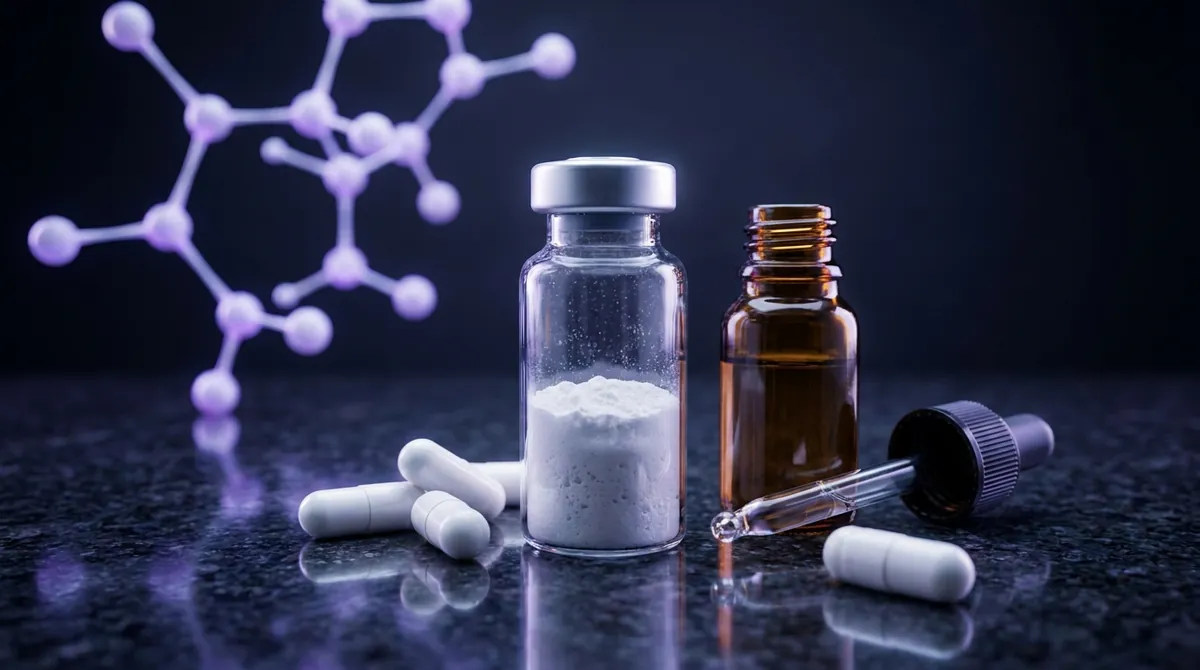 5-amino-1MQ research chemical shown as a laboratory solution vial and capsules on a dark surface