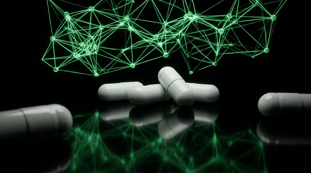 White 9-Me-BC research capsules with a glowing green neural molecular network