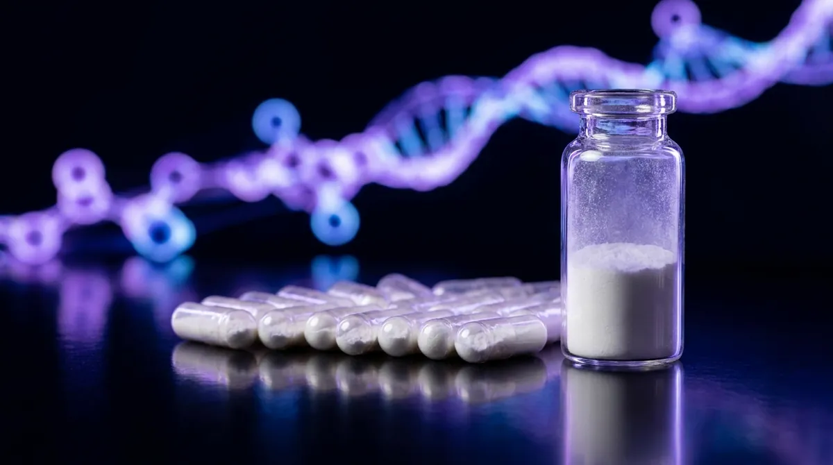 Laboratory vial with lyophilized powder and capsules representing actoprotector and antihypoxant research compounds