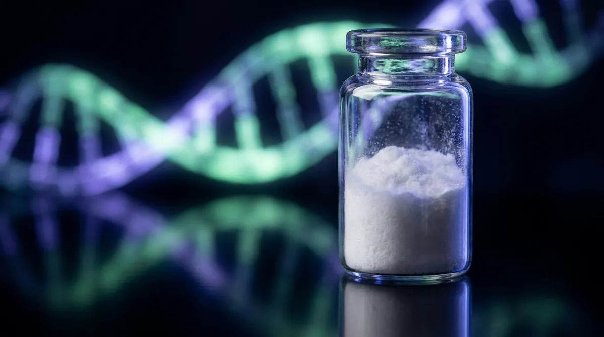 Laboratory vial of AOD-9604 research peptide powder with a glowing green and violet molecular chain