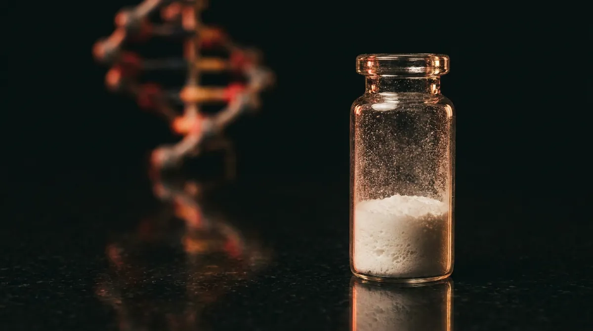 Laboratory vial of ARA-290 research peptide powder with a glowing warm red molecular chain