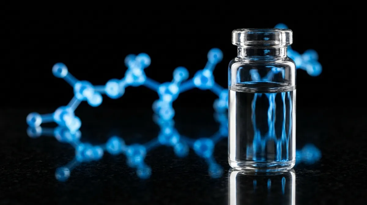 Laboratory vial of ATP research solution with a glowing electric blue molecular chain