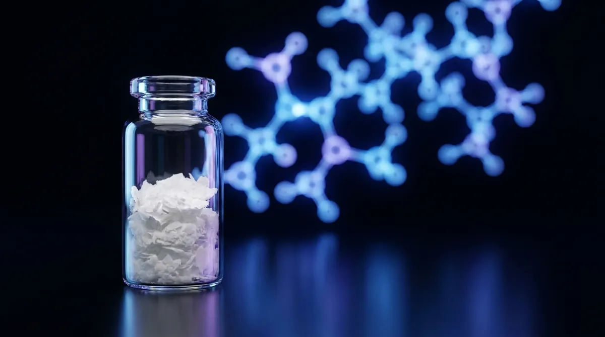 Laboratory vial of B7-33 research peptide powder with a glowing violet and blue molecular chain