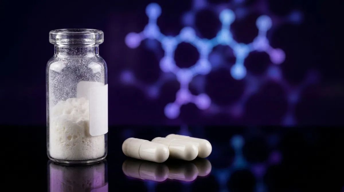 Laboratory vial of BPC-157 powder next to research capsules illustrating the two supply formats
