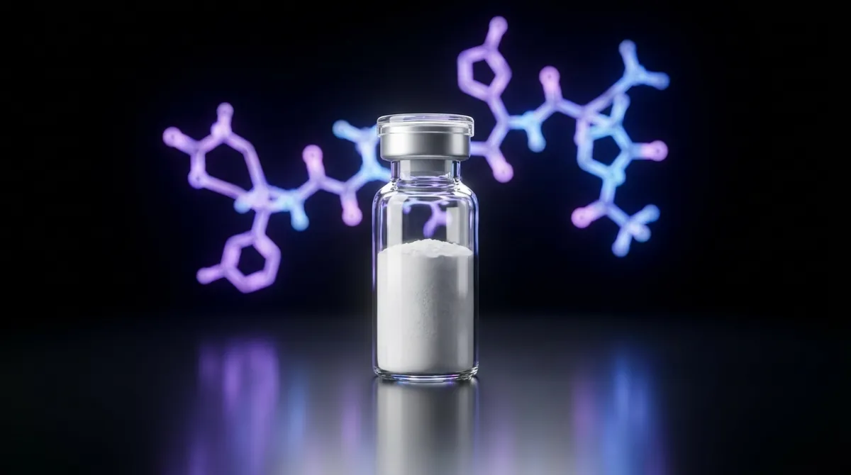 Laboratory glass vial with lyophilized BPC-157 research peptide powder beside a glowing violet molecular peptide chain