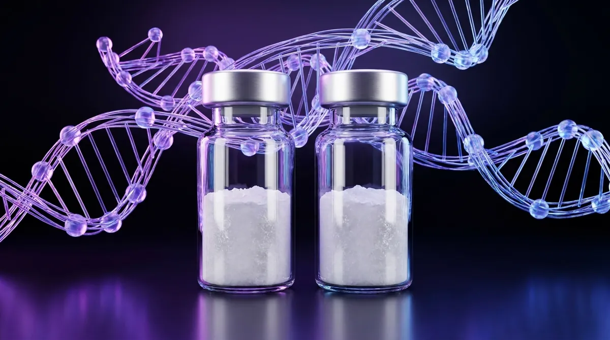 Two laboratory vials of peptide powder representing the BPC-157 and TB-500 research combination