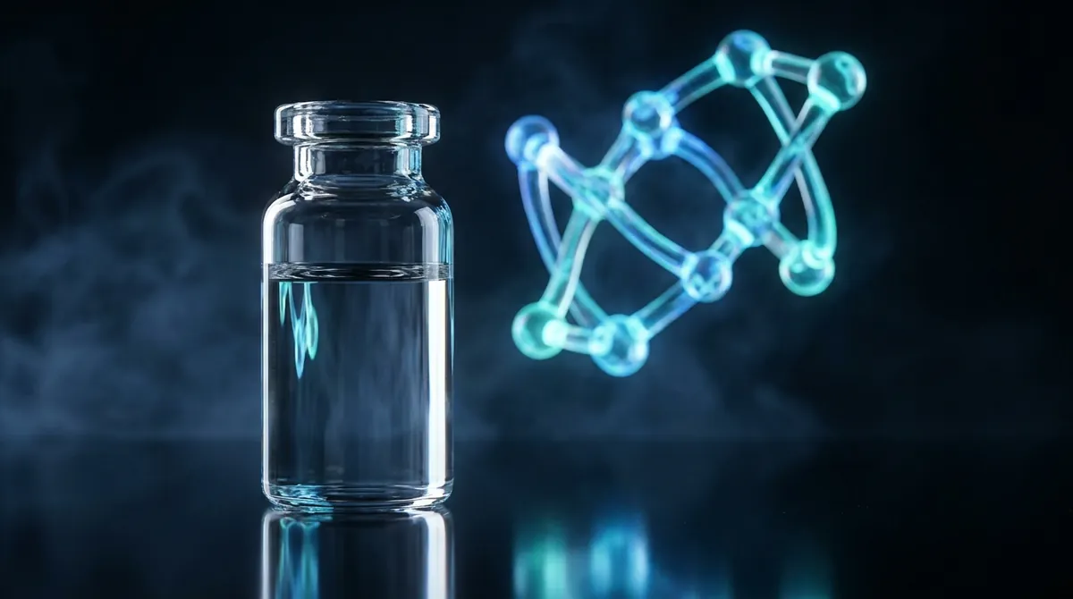 Laboratory vial of Bromantane research solution with a glowing blue and cyan molecular chain