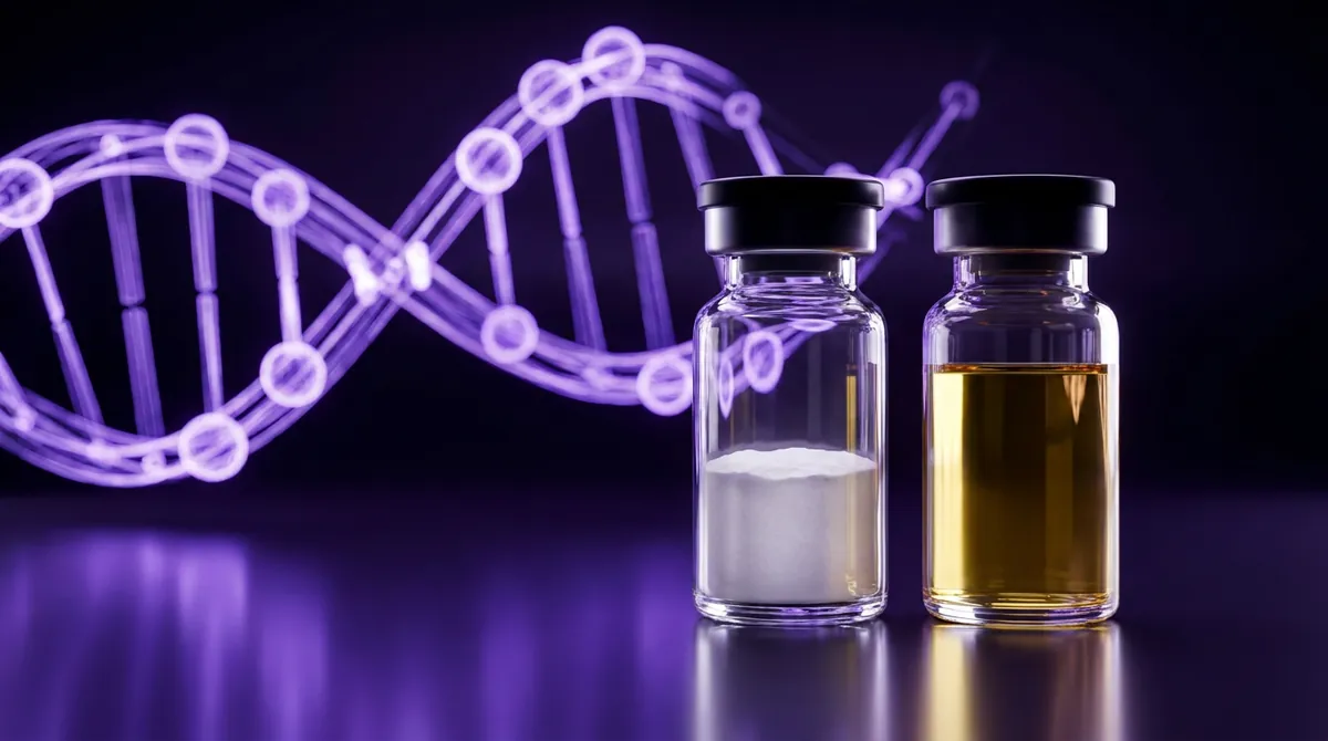 Two research chemical vials representing Cardarine GW-501516 and SR-9009 Stenabolic on a dark laboratory surface