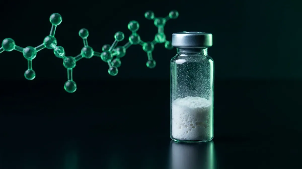 Laboratory vial of Cartalax research peptide powder with a glowing emerald green molecular chain