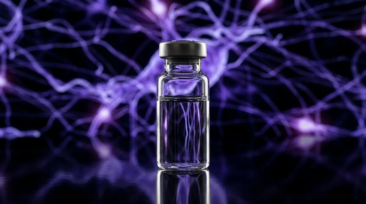 Laboratory vial of Cerebro research blend solution with a glowing violet neural molecular network