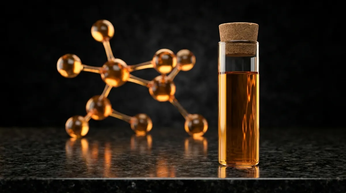 Laboratory vial of DADA research solution with a glowing amber molecular chain