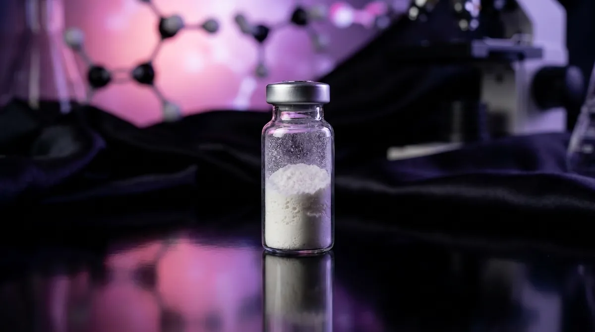 Laboratory vial of Dermorphin research peptide powder with a glowing magenta and violet molecular chain