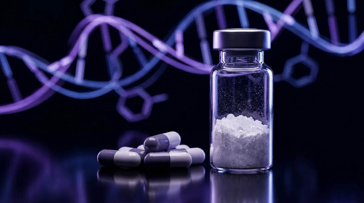 Dihexa research compound shown as capsules and a laboratory solution vial for research use only