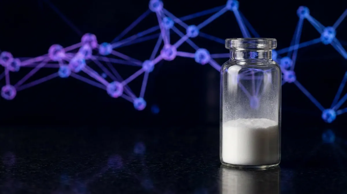 Laboratory vial of Dihexa research compound powder with a glowing violet neural molecular network
