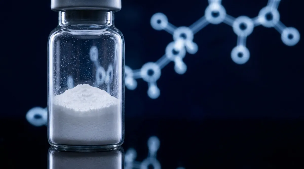 Laboratory vial of DSIP research peptide powder with a glowing deep indigo molecular chain