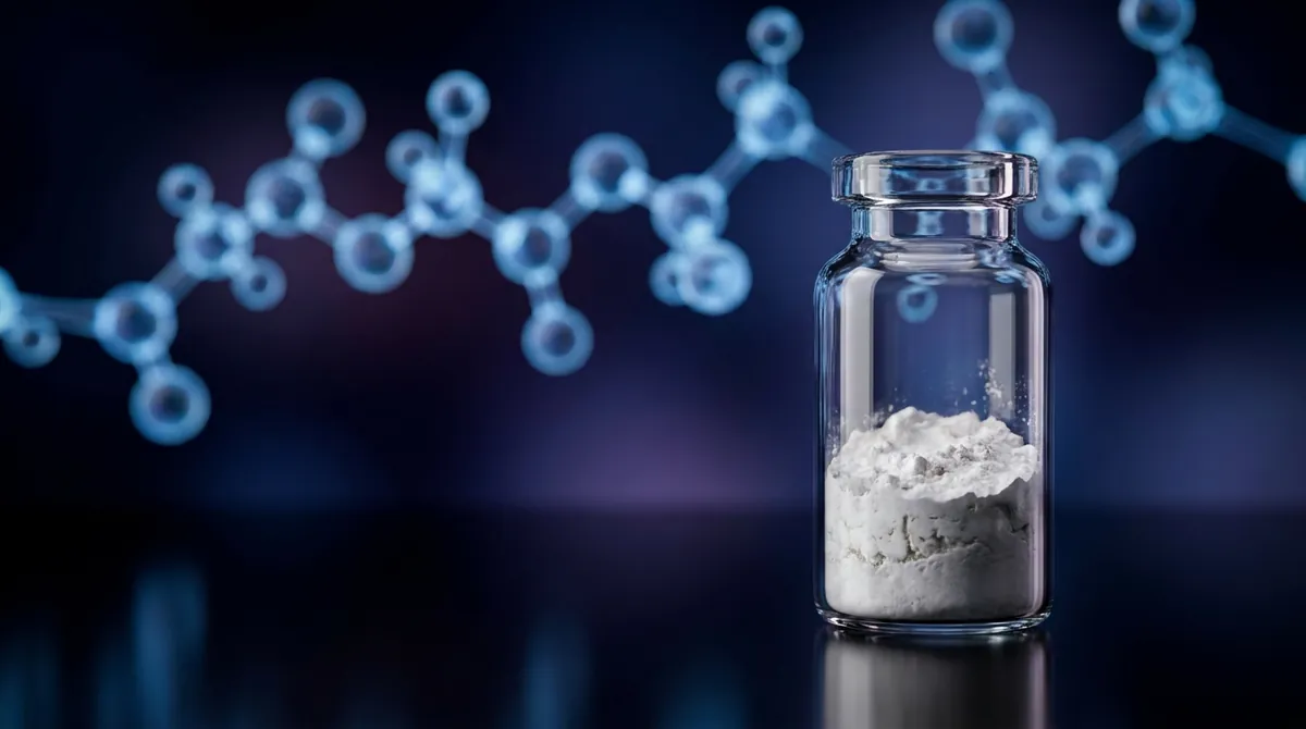 Laboratory vial of Epobis research peptide powder with a glowing blue molecular chain