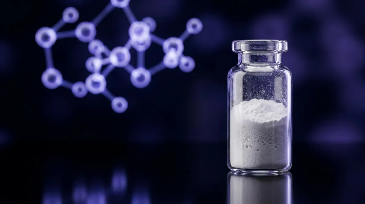 Laboratory vial of research compound powder representing exercise mimetics research