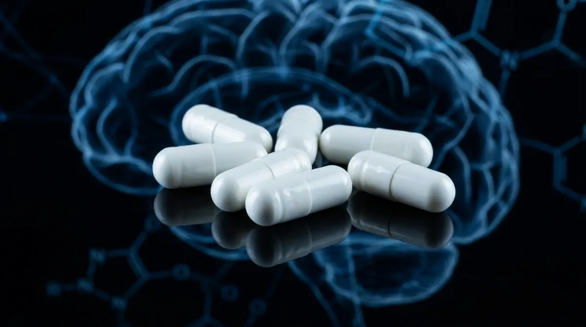 White Fasoracetam research capsules with a glowing blue neural molecular network