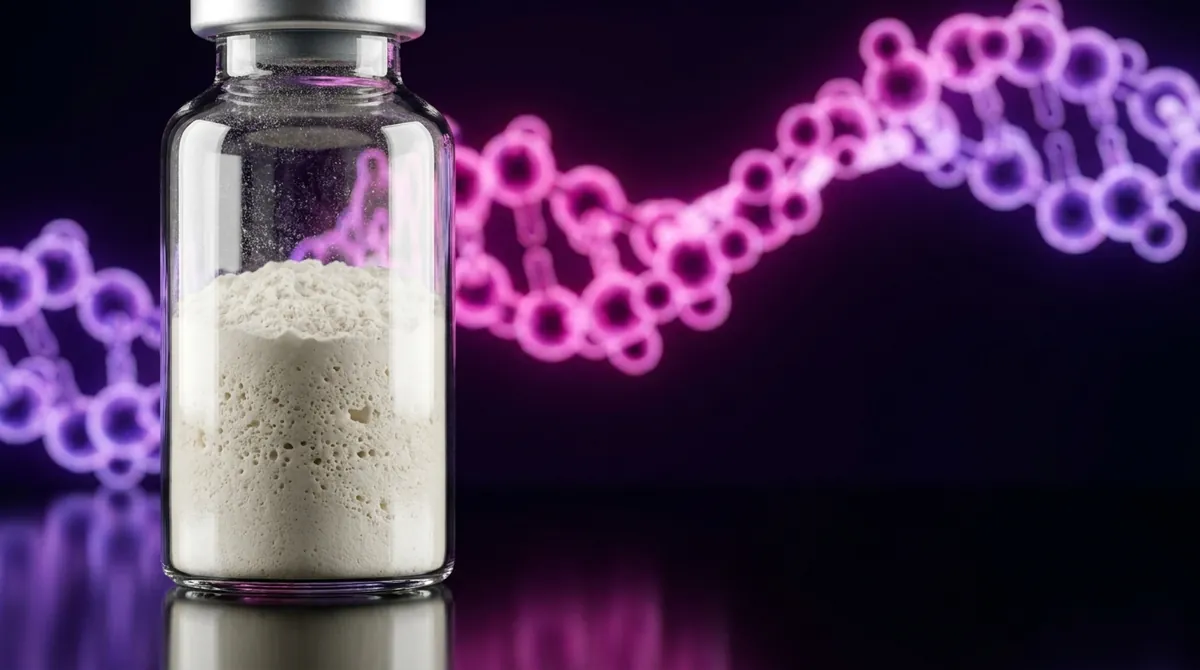 Laboratory vial of FOXO4-DRI research peptide powder with a glowing magenta and violet molecular chain