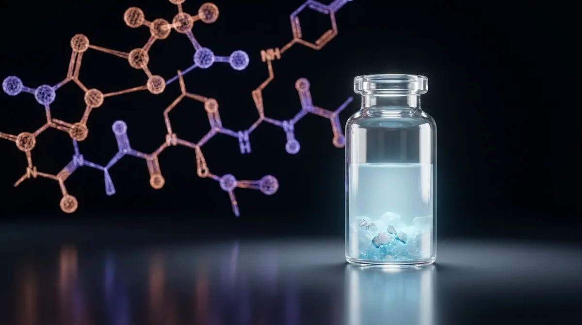 Laboratory glass vial with copper-blue GHK-Cu peptide solution beside a glowing copper and violet molecular tripeptide chain