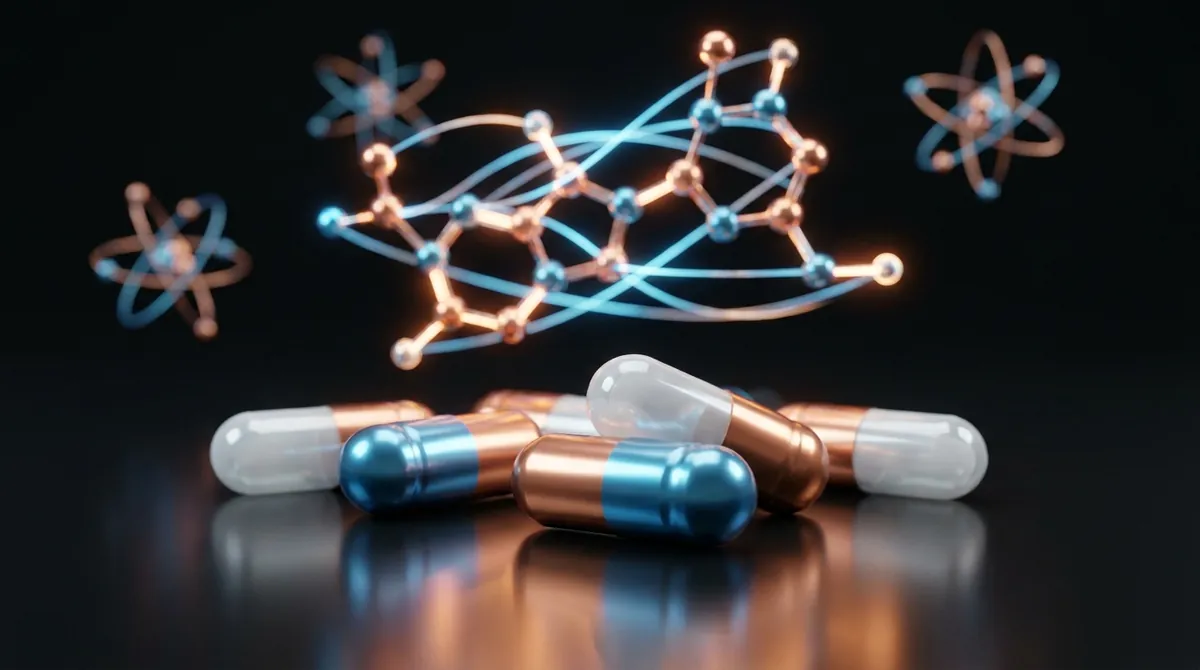 Copper-blue and white research capsules representing the GHK-Cu and Minoxidil combination