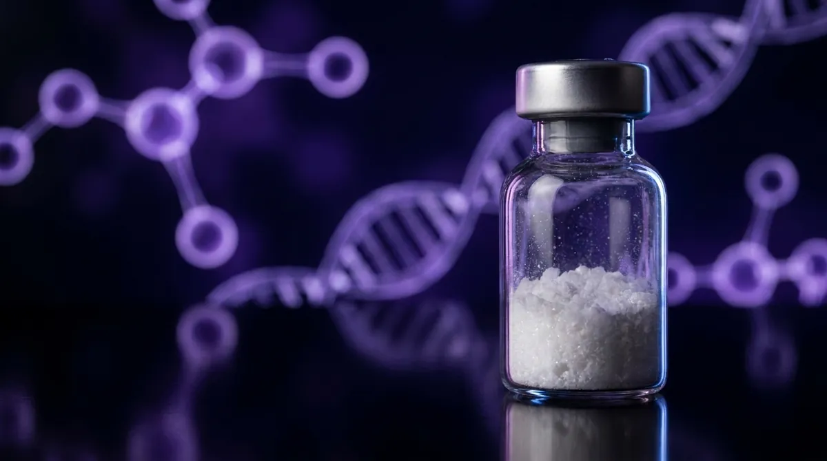 Laboratory vial of GHRP-2 research peptide powder with a glowing violet molecular chain