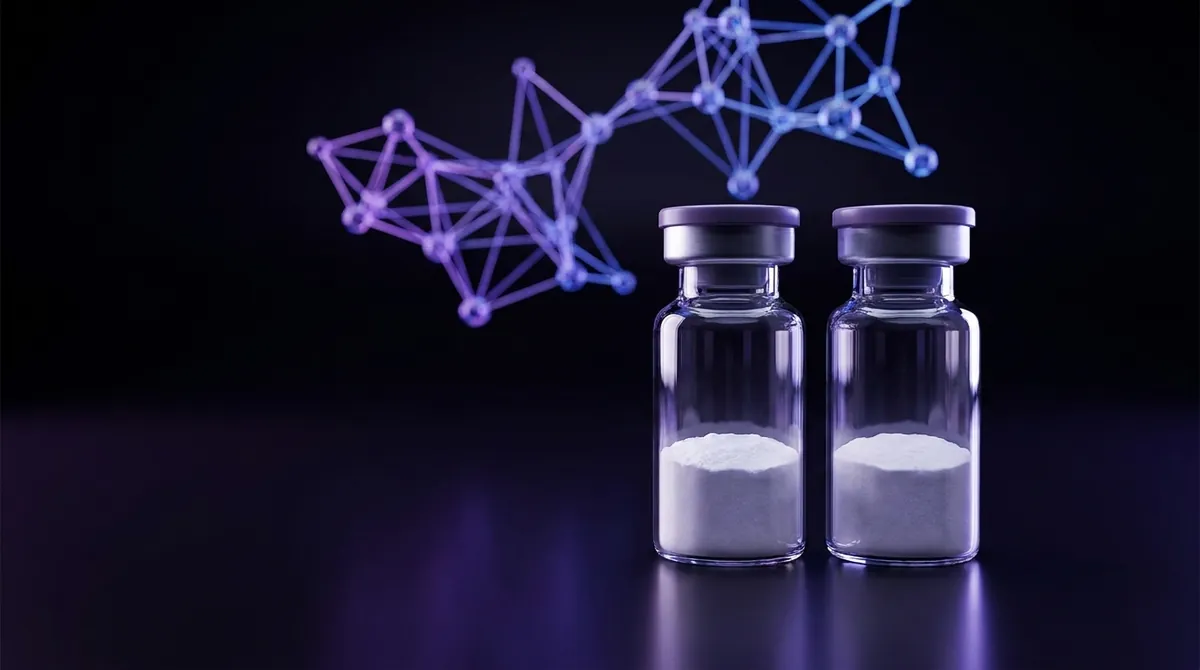 Two research-grade GHRP-2 and GHRP-6 peptide vials with lyophilized powder on a dark violet laboratory background