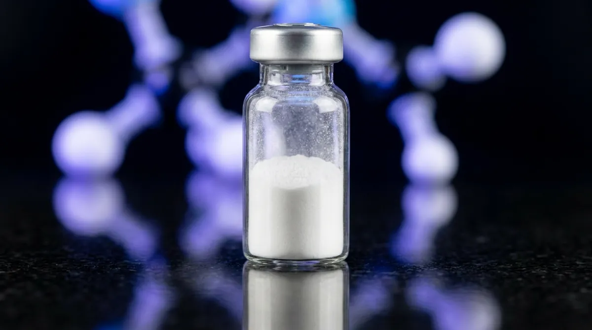 Laboratory vial of GHRP-6 research peptide powder with a glowing blue-violet molecular chain