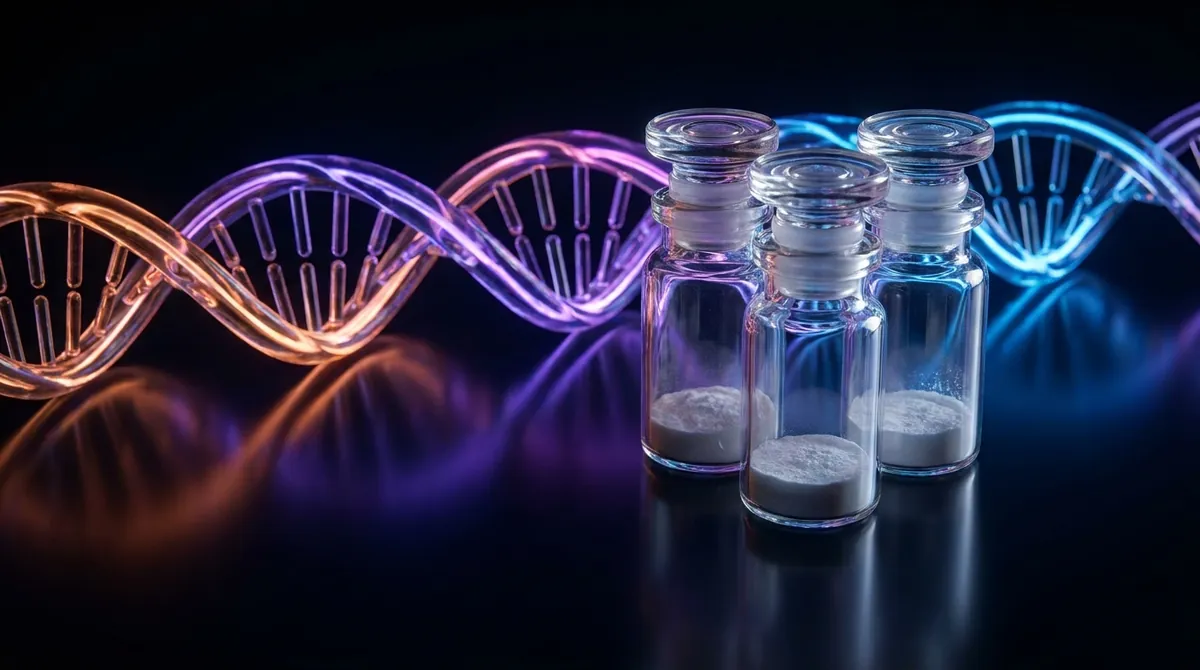 Three laboratory vials of peptide powder representing the GHK-Cu, TB-500 and BPC-157 research blend