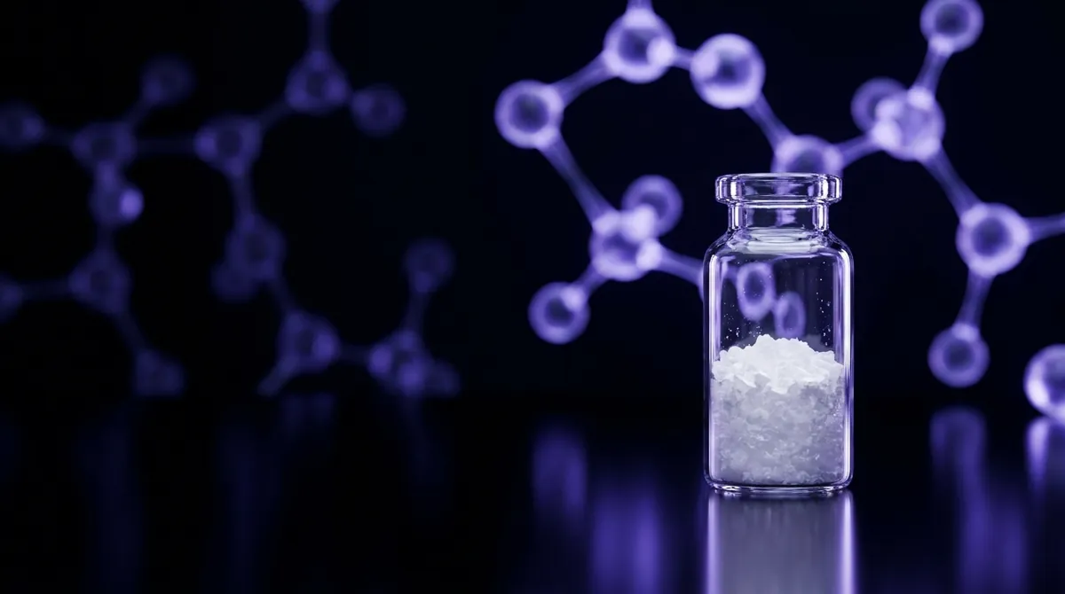 Laboratory vial of lyophilized GLP-1 metabolic research peptide with a violet molecular chain