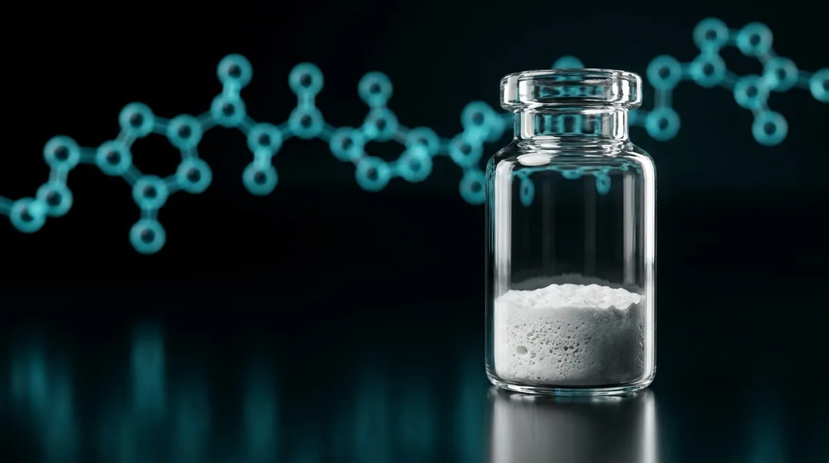 Laboratory vial of GLP-3 RT research peptide powder with a glowing teal molecular chain