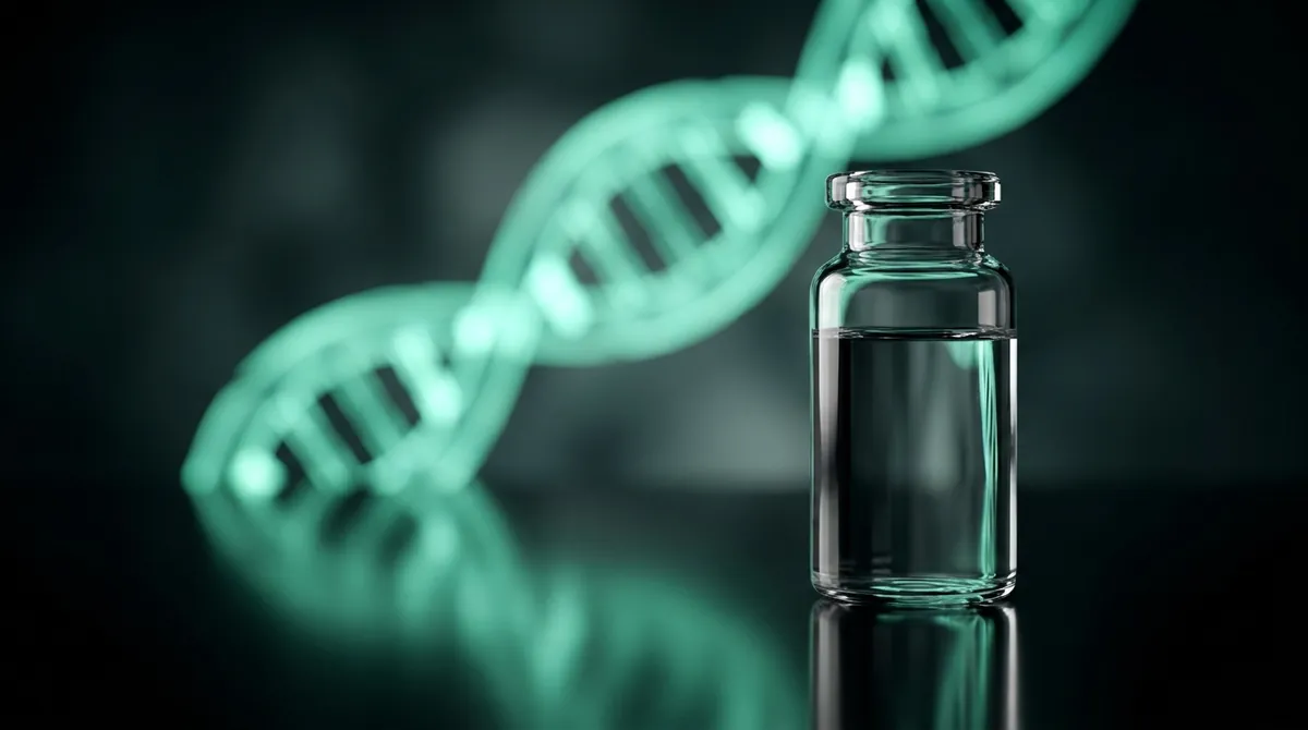 Laboratory vial of Glutathione research solution with a glowing teal-green molecular chain