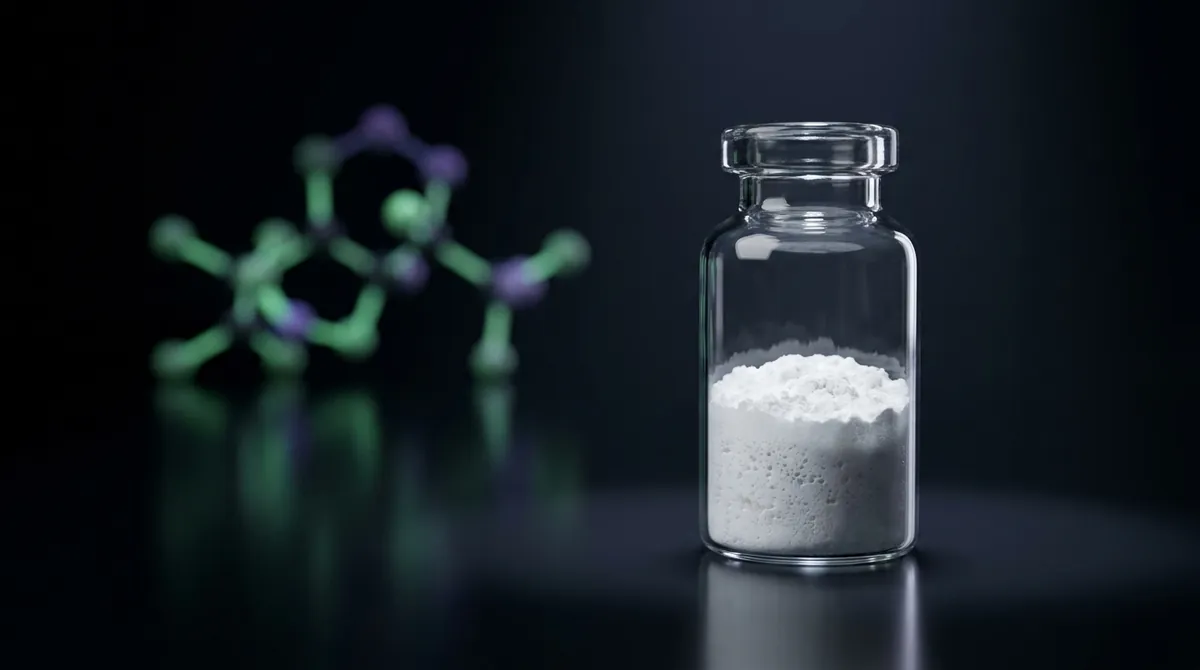 Laboratory vial of HGH Fragment 176-191 research peptide powder with a glowing green and violet molecular chain