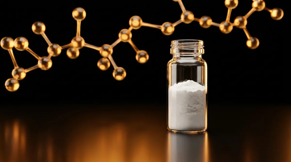 Laboratory vial of Humanin research peptide powder with a glowing amber-gold molecular chain