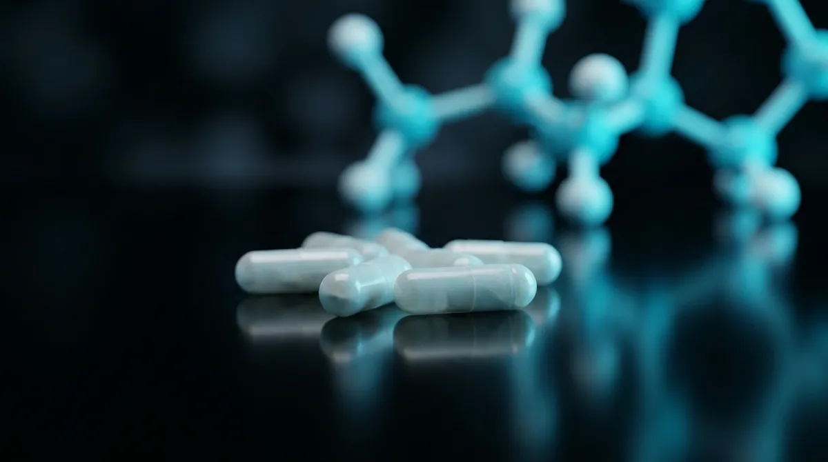 White Hypoxen research capsules with a glowing cyan molecular chain