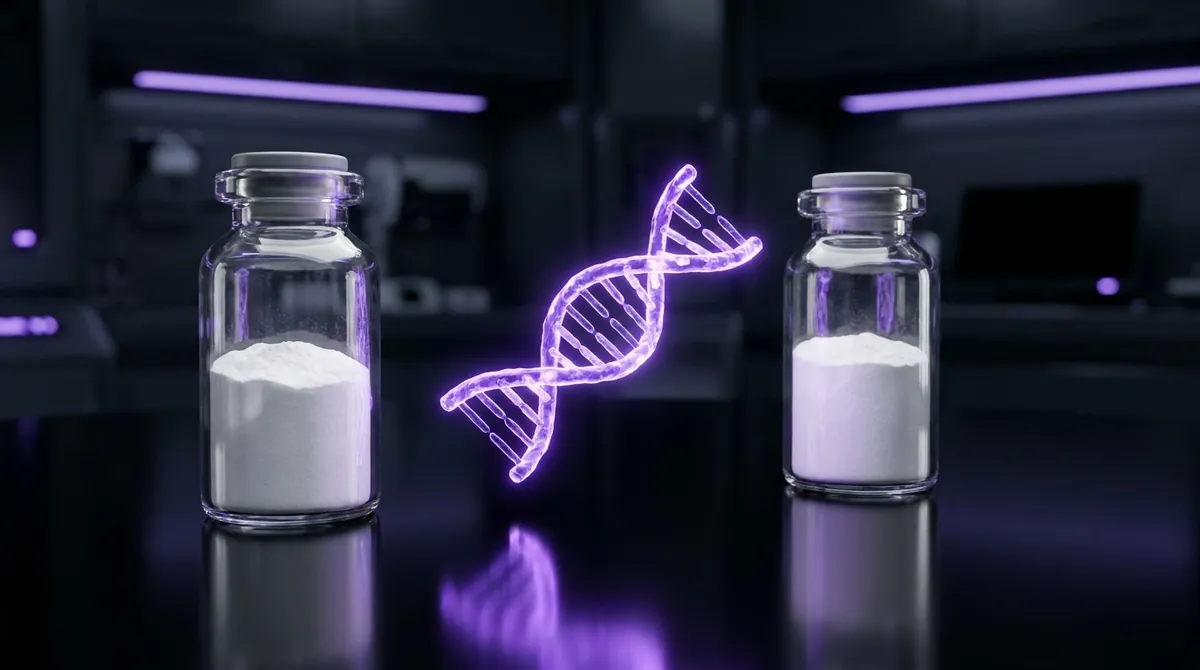 Two laboratory vials with a glowing molecular structure representing the Ipamorelin and CJC-1295 research combination