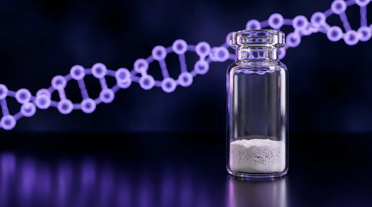 Laboratory vial of Ipamorelin research peptide powder with a glowing violet molecular chain