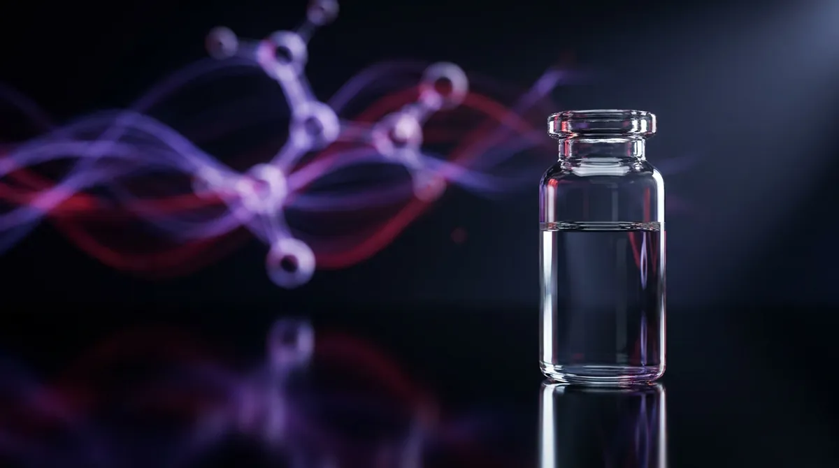 Laboratory vial of ITPP hexasodium research solution with a glowing violet and red molecular chain