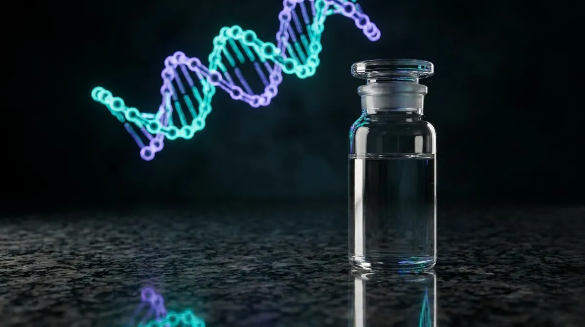 Laboratory vial of Joint Support research blend solution with glowing teal and violet molecular chains