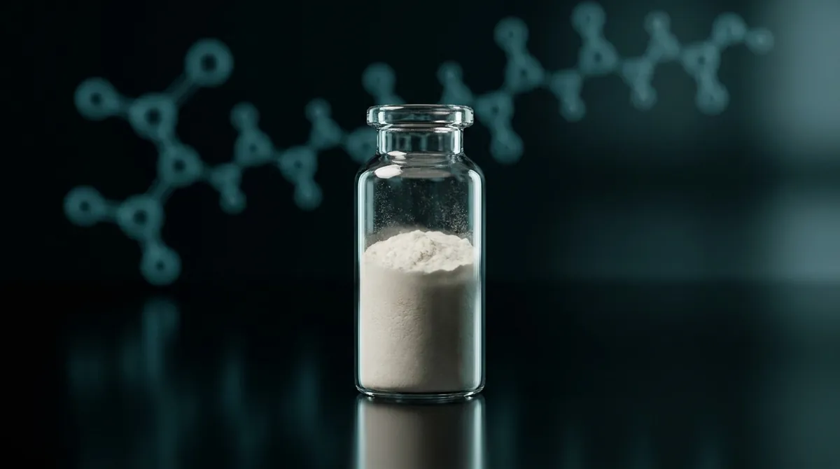 Laboratory vial of KPV research peptide powder with a glowing teal molecular chain
