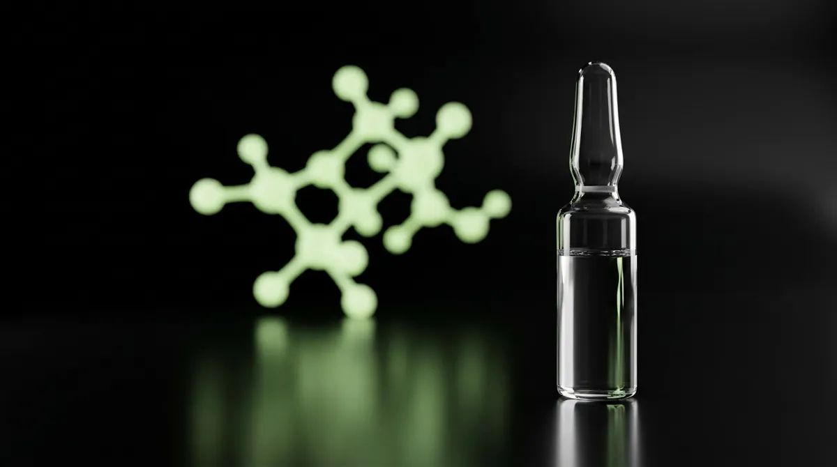 Laboratory vial of L-Carnitine research solution with a glowing lime green molecular chain
