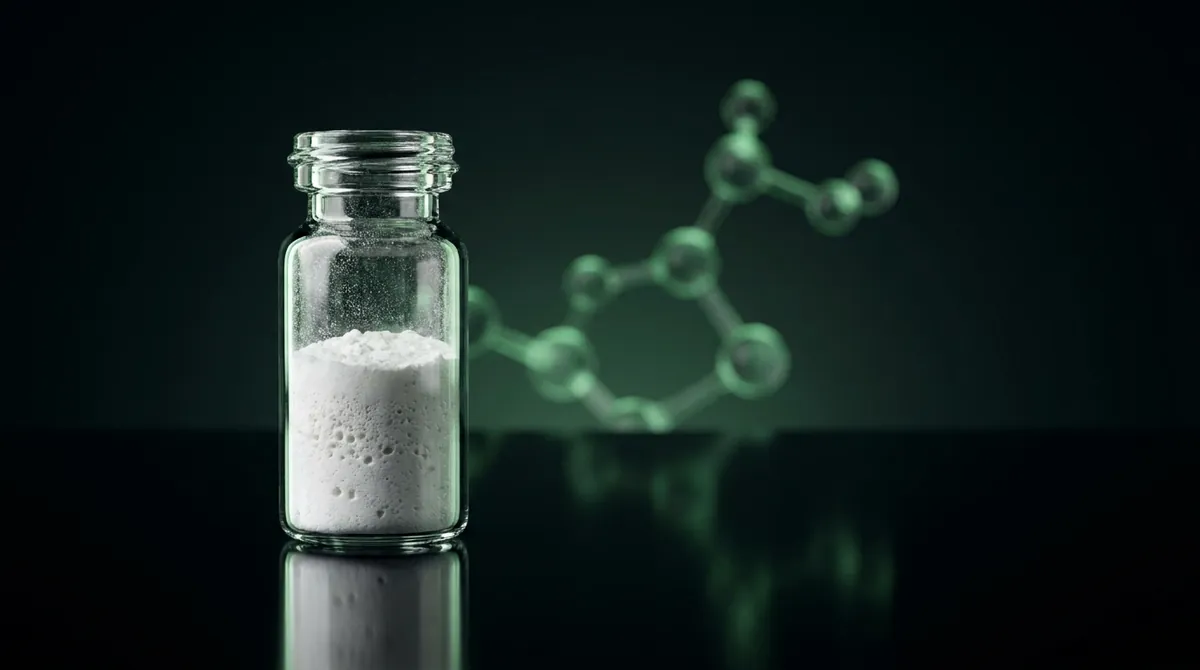 Laboratory vial of Livagen research peptide powder with a glowing green molecular chain