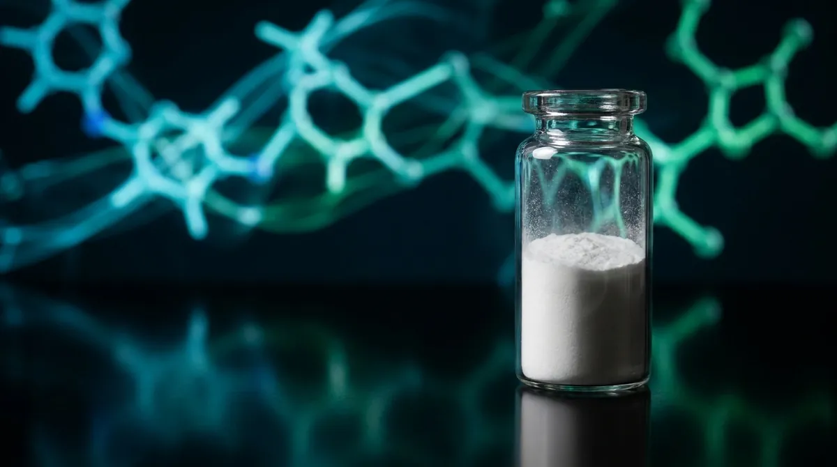 Laboratory vial of LL-37 research peptide powder with a glowing cyan and green molecular chain