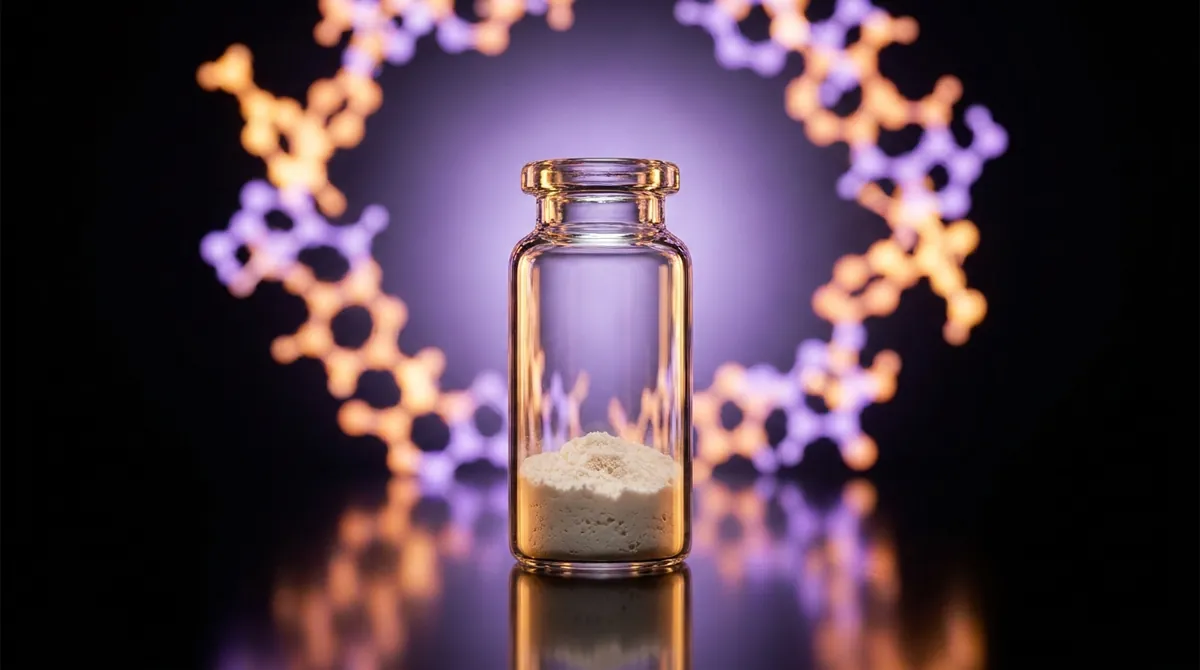 Laboratory vial of Melanotan 2 research peptide powder with a glowing amber and violet molecular chain