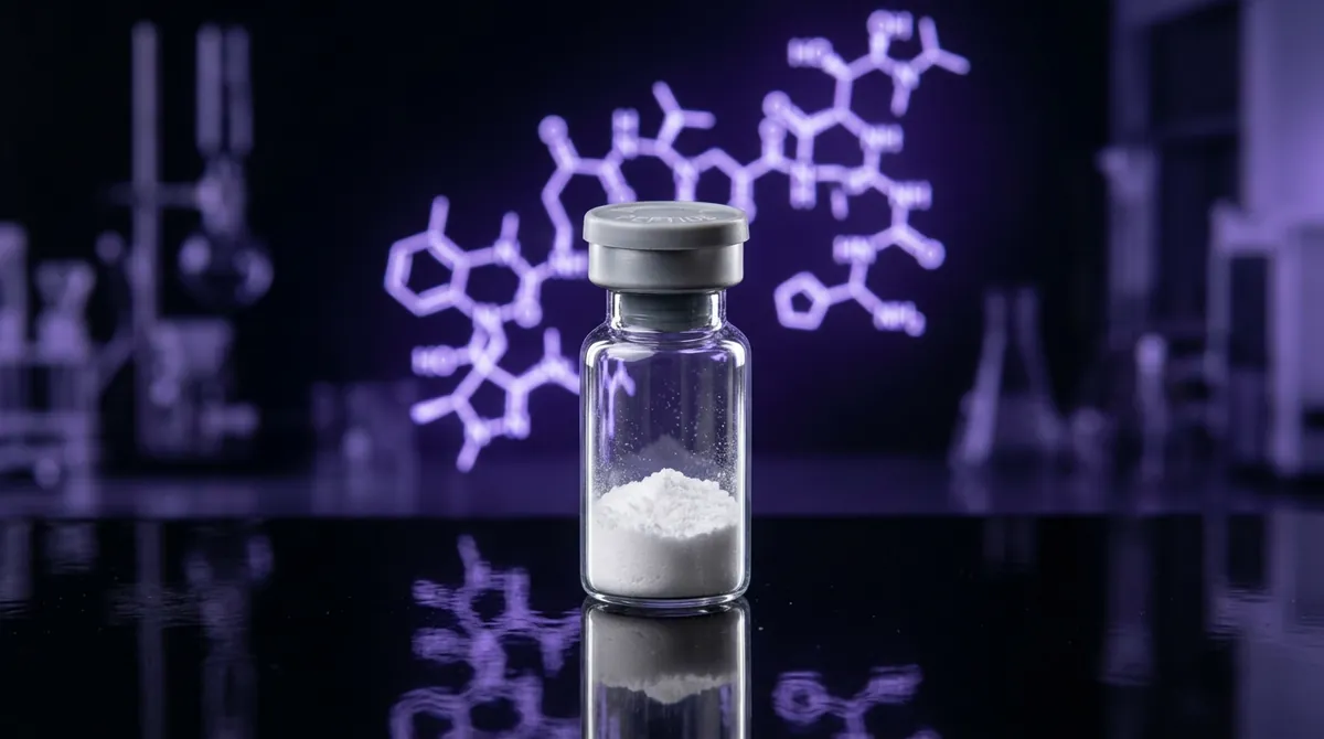 Laboratory vial of lyophilized Melanotan 2 and PT-141 research peptide powder on a dark violet background