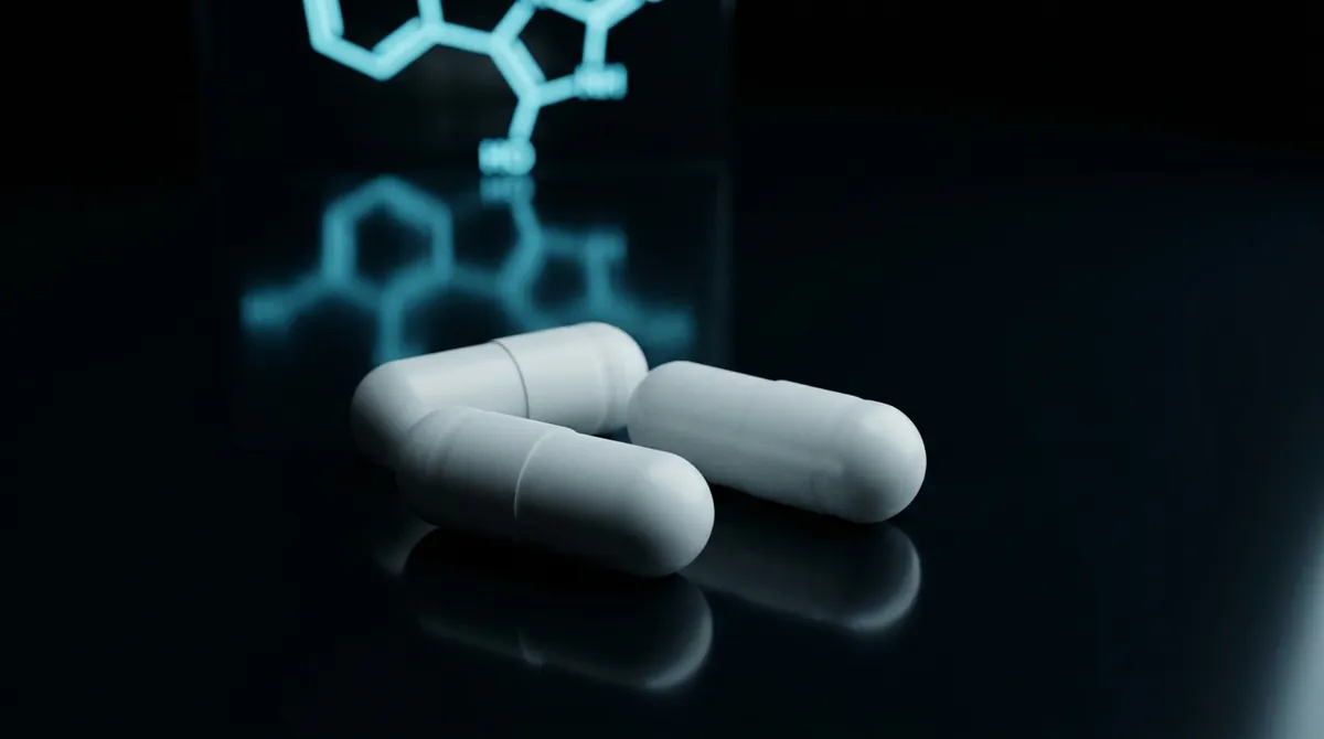 White Meldonium research capsules with a glowing cyan molecular chain