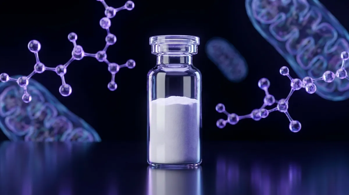 Laboratory vial of lyophilized MOTS-c mitochondrial-derived peptide powder on a dark surface with violet molecular chain background, research use only
