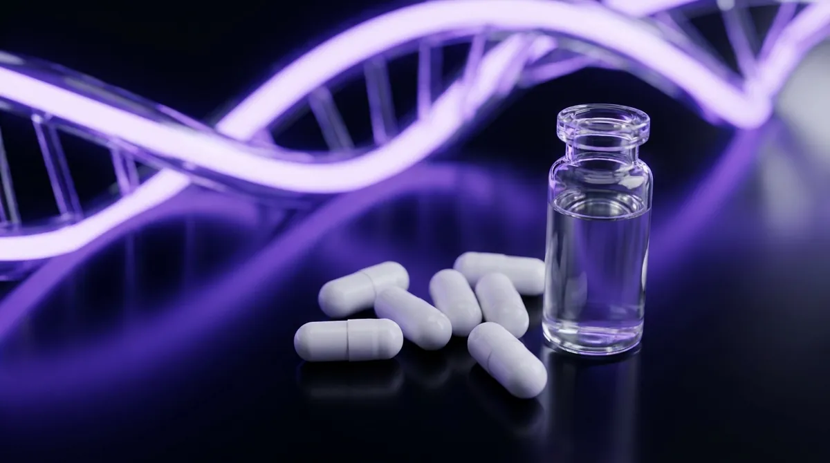 White MK-677 research capsules beside a vial with a glowing violet molecular chain