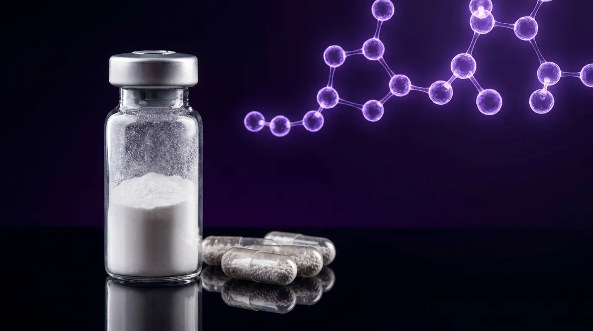 Laboratory vial of lyophilized peptide powder and research capsules, MK-677 vs Ipamorelin comparison